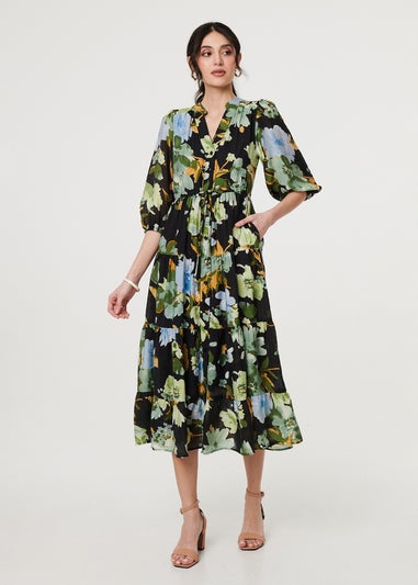Izabel London Black Leaf Print 3/4 Sleeve Shirt Midi Dress