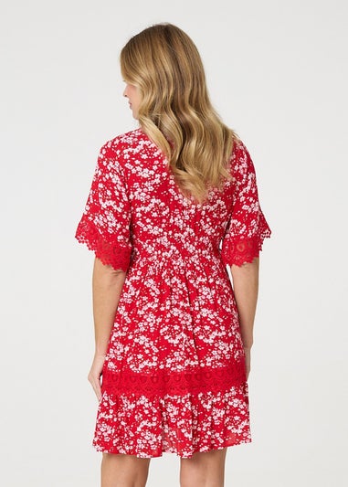 Izabel London Red Floral Lace Trim 1/2 Sleeve Mini Dress