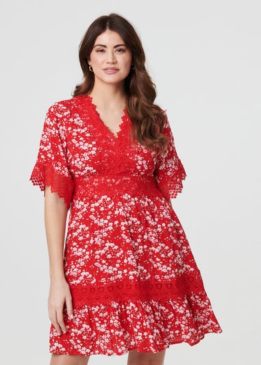 Izabel London Red Floral Lace Trim 1/2 Sleeve Mini Dress