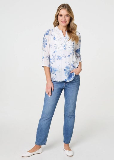 Izabel London Blue Floral 3/4 Sleeve Lace Trim Blouse