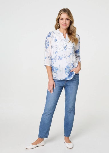 Izabel London Blue Floral 3/4 Sleeve Lace Trim Blouse