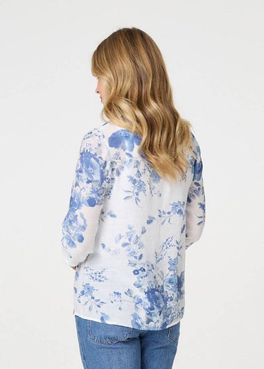 Izabel London Blue Floral 3/4 Sleeve Lace Trim Blouse