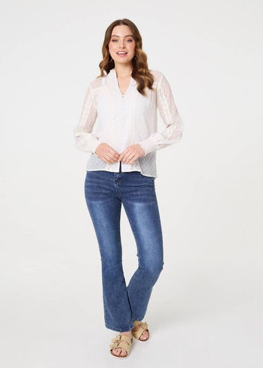 Izabel London Ivory Lace Trim High Neck Long Sleeve Blouse