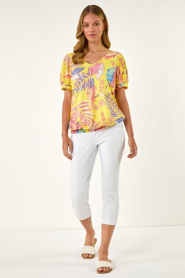 Roman Yellow Floral Print Bubble Hem Tee