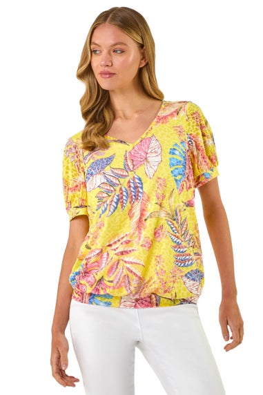 Roman Yellow Floral Print Bubble Hem Tee