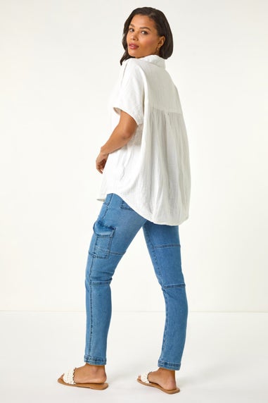 Roman Ivory Collared V Neck Pleated Top