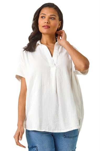 Roman Ivory Collared V Neck Pleated Top
