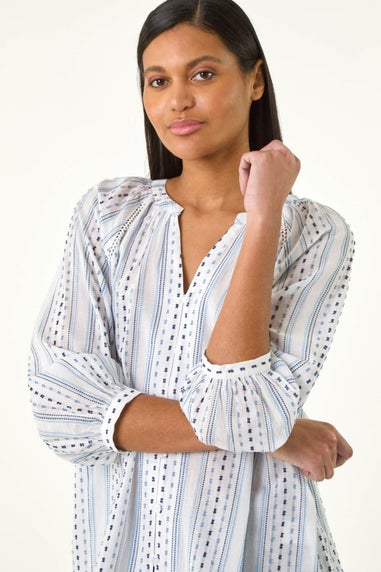 Roman Blue Dobby Stripe Print V Neck Blouse