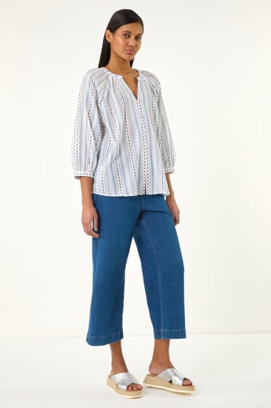 Roman Blue Dobby Stripe Print V Neck Blouse