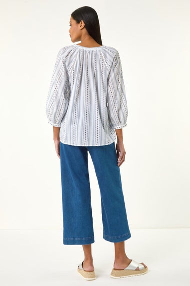 Roman Blue Dobby Stripe Print V Neck Blouse