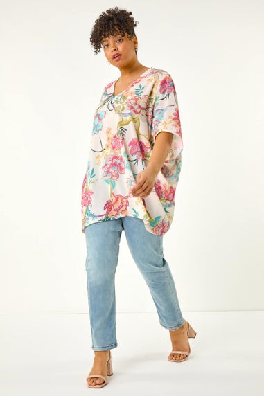 Roman Pink Curve Floral Cocoon Woven Top