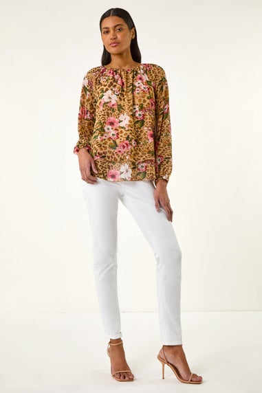 Roman Brown Animal Floral Print Tunic Top