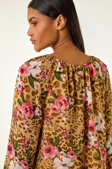 Roman Brown Animal Floral Print Tunic Top