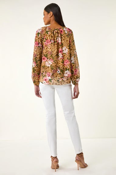 Roman Brown Animal Floral Print Tunic Top