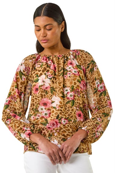 Roman Brown Animal Floral Print Tunic Top