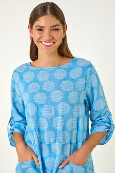 Roman Light Denim Spot Print Longline Tunic Top