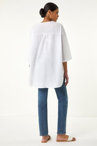 Roman Ivory Cotton Floral Embroidered Tunic Top