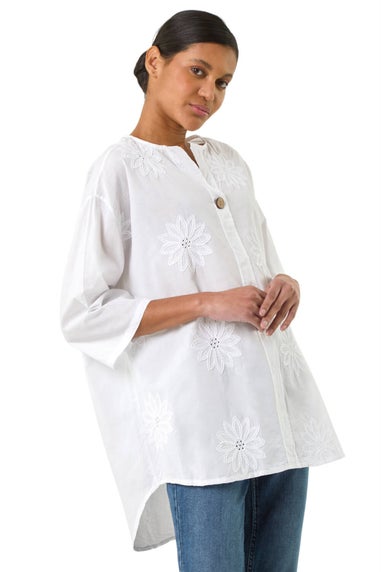 Roman Ivory Cotton Floral Embroidered Tunic Top