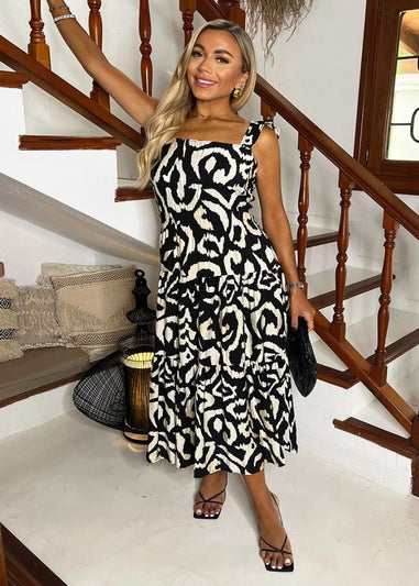 AX Paris Black & Cream Abstract Print Frill Strap Midi Dress