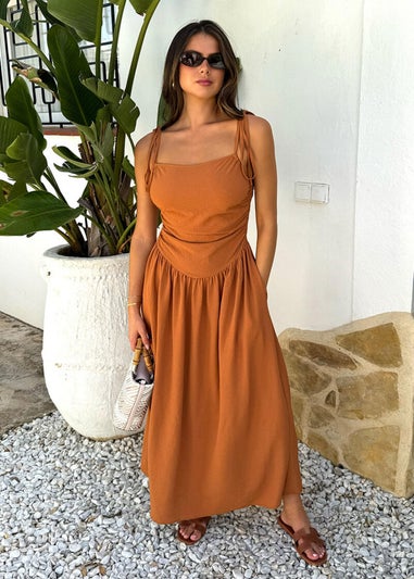 AX Paris Brown Drawstring Tie Straps Ruched Top Midi Dress