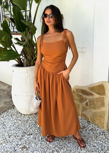 AX Paris Brown Drawstring Tie Straps Ruched Top Midi Dress