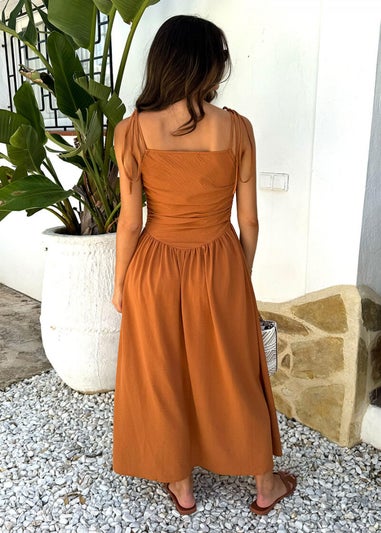 AX Paris Brown Drawstring Tie Straps Ruched Top Midi Dress
