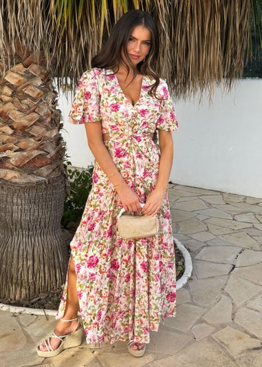 AX Paris Multi Garden Print V Neck Cut Out Knot Detail Midi Dress