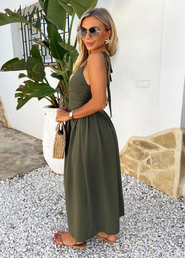 AX Paris Khaki Drawstring Tie Straps Ruched Top Midi Dress