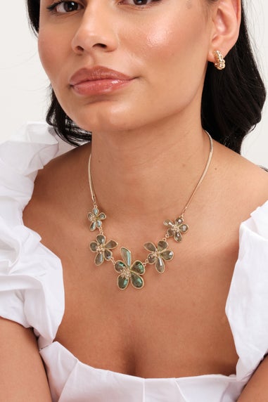 Mood Gold Crystal & Green Glass Flower Necklace