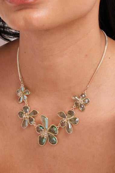 Mood Gold Crystal & Green Glass Flower Necklace