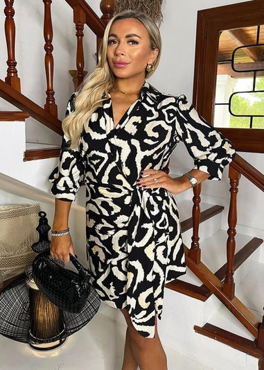 AX Paris Black & Cream Abstract Print 3/4 Sleeves Waist Side Tie Mini Dress