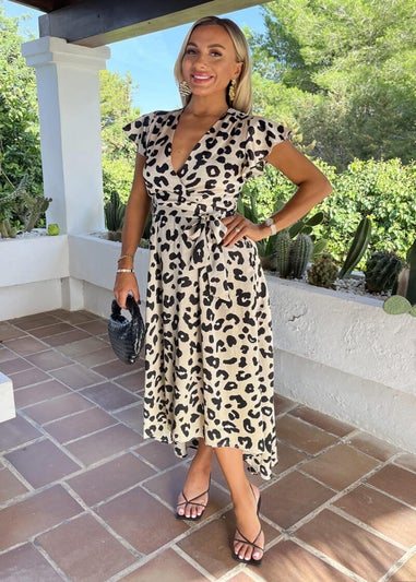 AX Paris Multi Black & Cream Leopard Print Short Sleeve Belted Wrap Midi Dress
