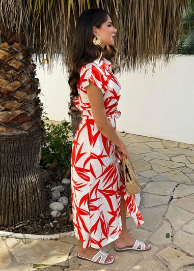 AX Paris Orange Tropical Print Tie Waist Shirt Midi Dress