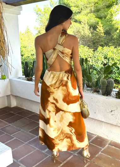AX Paris Brown Marble Print One Shoulder Open Back Twist Detail Midi Dress