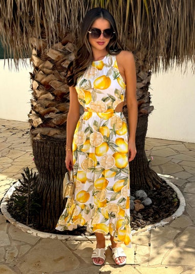 AX Paris Yellow Lemon Print Waist Cut Out Frill Hem Midi Dress