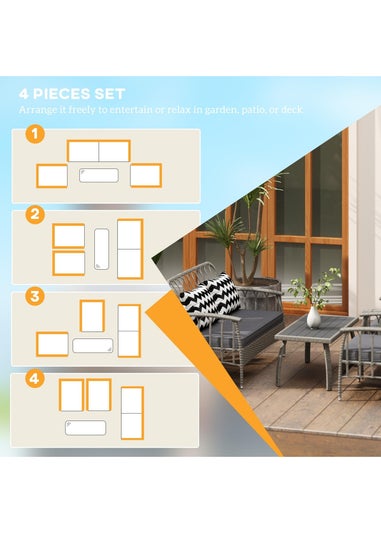 Outsunny 4 Piece Rattan Garden Furniture Set with Adjustable Back Grey
