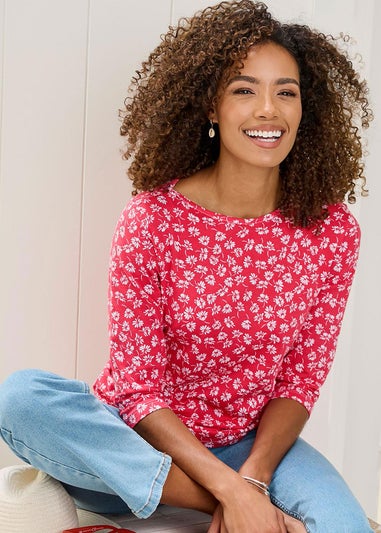 Cotton Traders Coral 3/4 Sleeve Boat Neck Printed Top