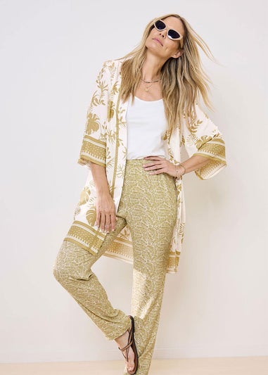 Cotton Traders Warm Cream Long Printed Kimono