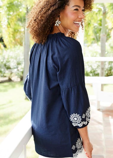 Cotton Traders Dark Blue Embroidered 3/4 Sleeve Top