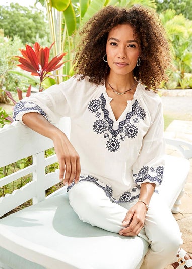 Cotton Traders Warm Cream Embroidered 3/4 Sleeve Top