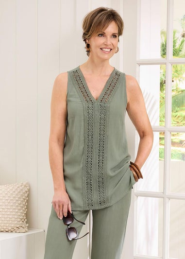 Cotton Traders Grey Green Lace Trim Crinkle Vest