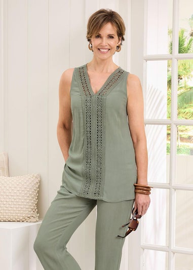 Cotton Traders Grey Green Lace Trim Crinkle Vest