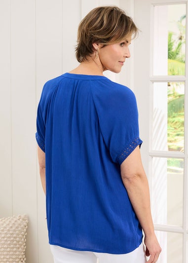 Cotton Traders Pale Blue Floral Embroidered Crinkle Top