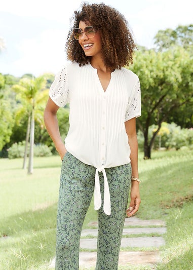 Cotton Traders Warm Cream Broderie Sleeve Tie Front Top