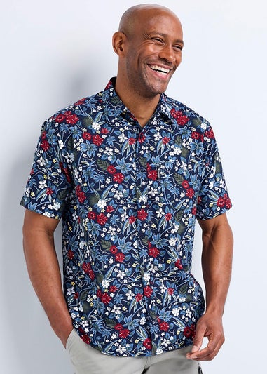 Cotton Traders Dark Blue Guinness Short Sleeve Soft Touch Hawaiian Print Shirt