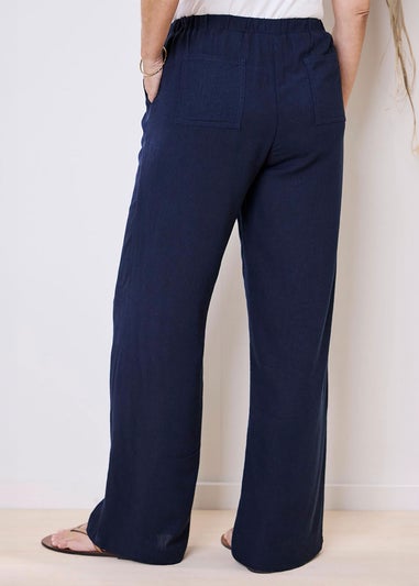 Cotton Traders Dark Blue Viscose Linen Blend Trousers