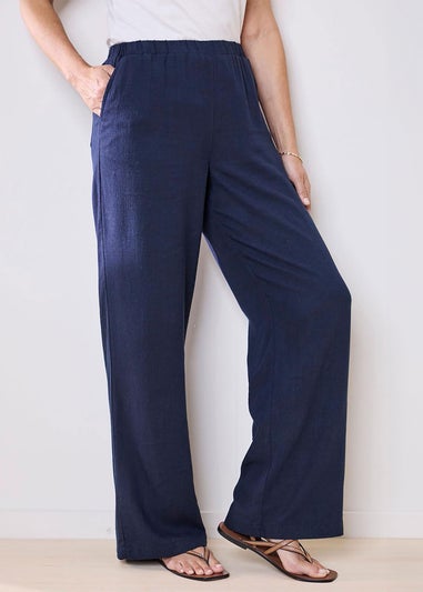 Cotton Traders Dark Blue Viscose Linen Blend Trousers