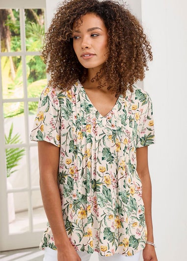 Cotton Traders Warm Cream Printed Crinkle Top