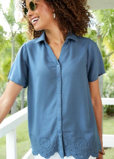 Cotton Traders Dark Blue Short Sleeve Cut Work Blouse