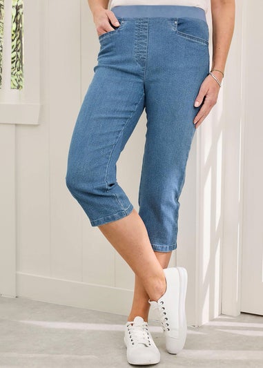 Cotton Traders Pale Blue Premium Pull On Rib Waist Crop Denim Jeans